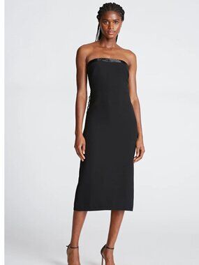 NWT - HALSTON Brielle Black Stretch Crepe Beaded Strapless Midi Dress Gown